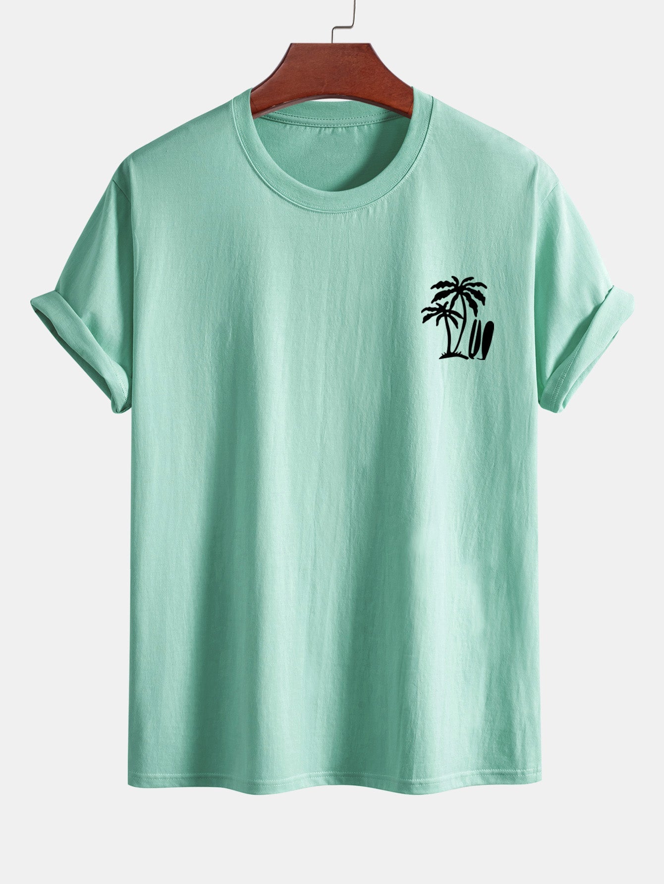 Classic Fit Cotton T-Shirt with Palm Tree Surfboard Design