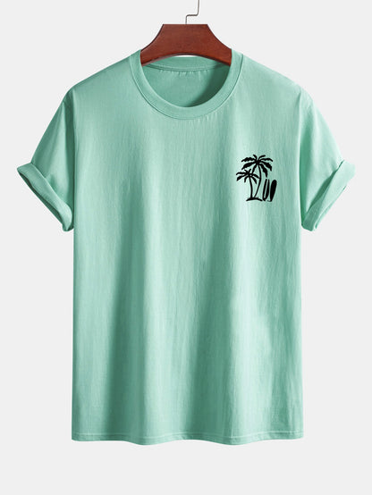 Classic Fit Cotton T-Shirt with Palm Tree Surfboard Design