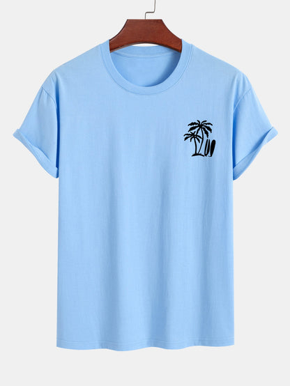 Classic Fit Cotton T-Shirt with Palm Tree Surfboard Design