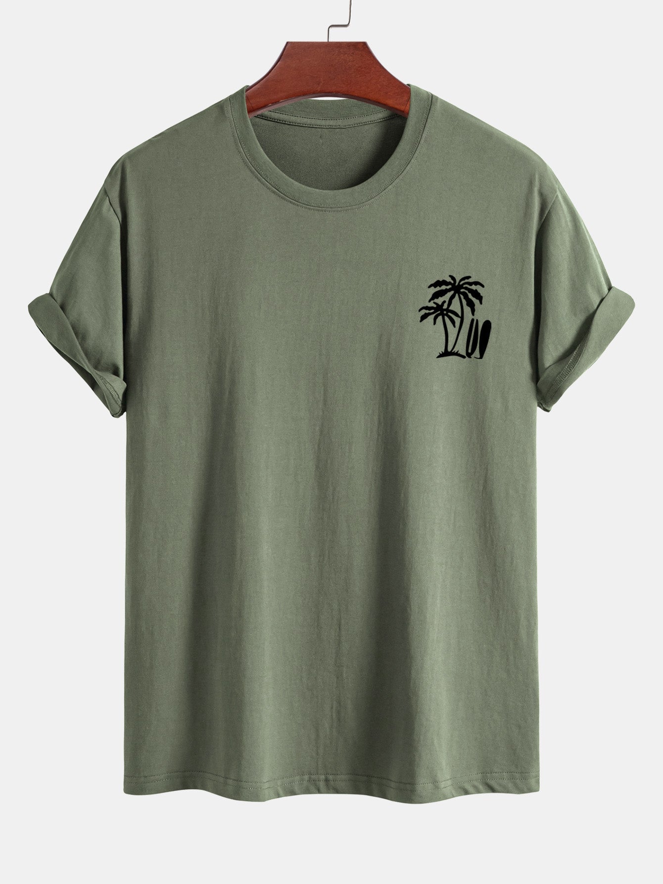 Classic Fit Cotton T-Shirt with Palm Tree Surfboard Design