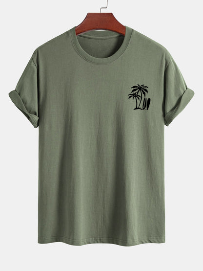 Classic Fit Cotton T-Shirt with Palm Tree Surfboard Design