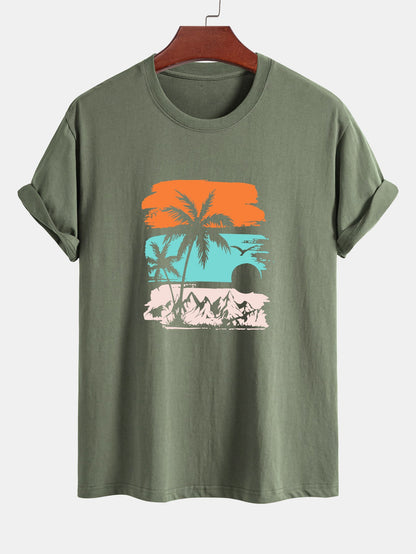 Classic Fit Cotton T-Shirt with Palm Tree Silhouette Design