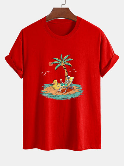 Regular Fit Cotton T-Shirt with Skeleton Vacation Print