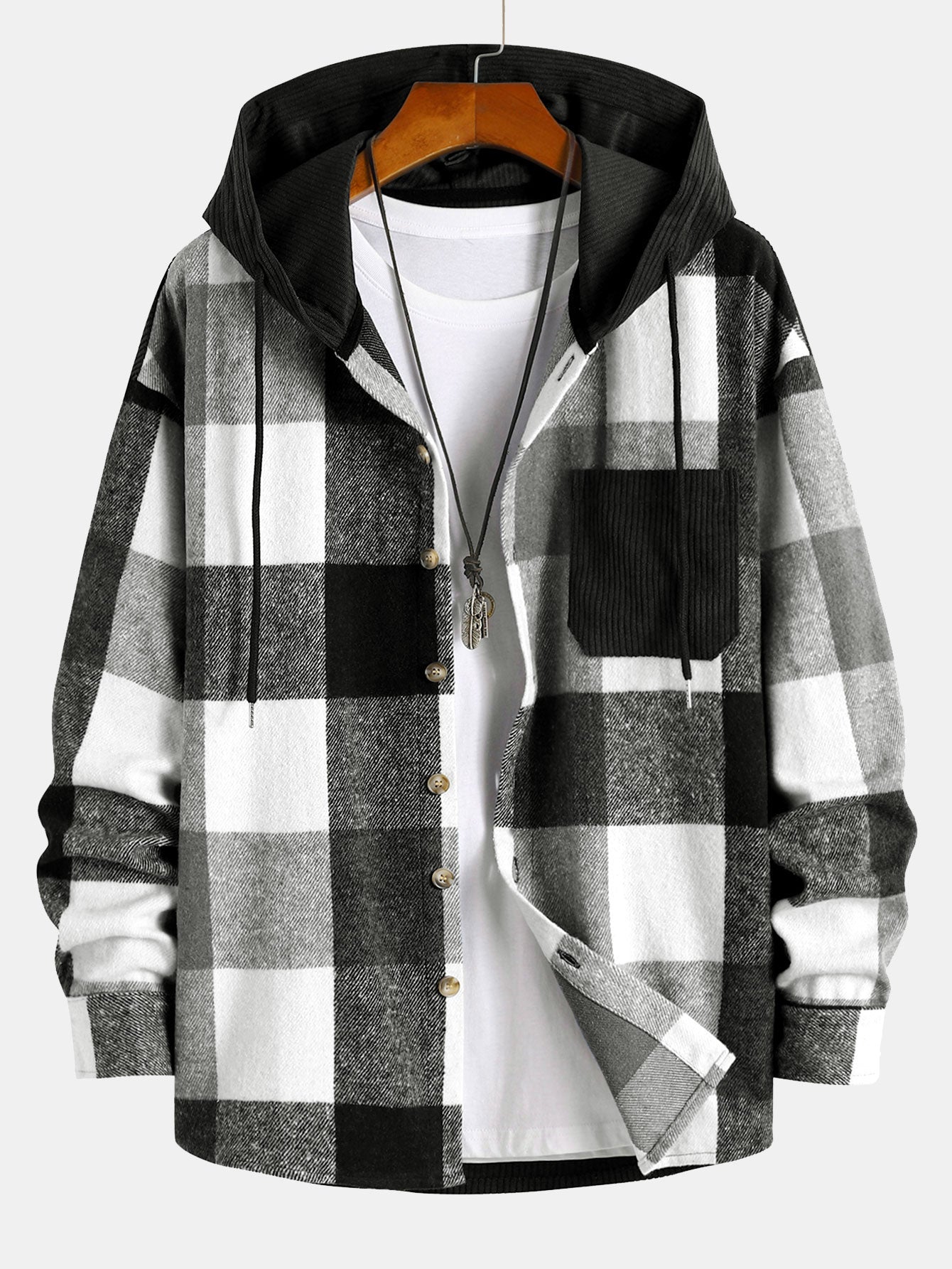Comfortable Flannel Plaid Hooded Shirt with Corduroy Patchwork