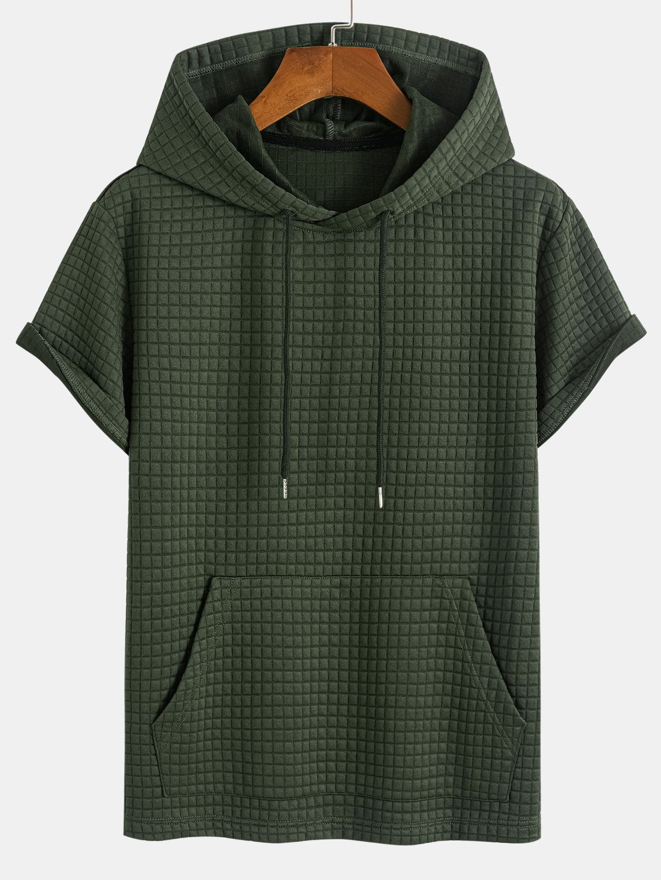 Waffle Knit Hooded T-Shirt with Kangaroo Pocket & Matching Shorts