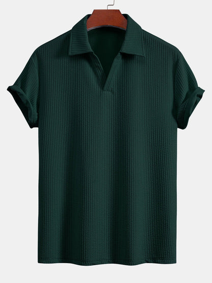 V-Neck Ribbed Polo with Short Sleeves & Drawstring Ribbed Shorts