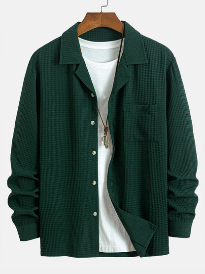 Waffle Knit Long Sleeve Cuban Collar Shirt