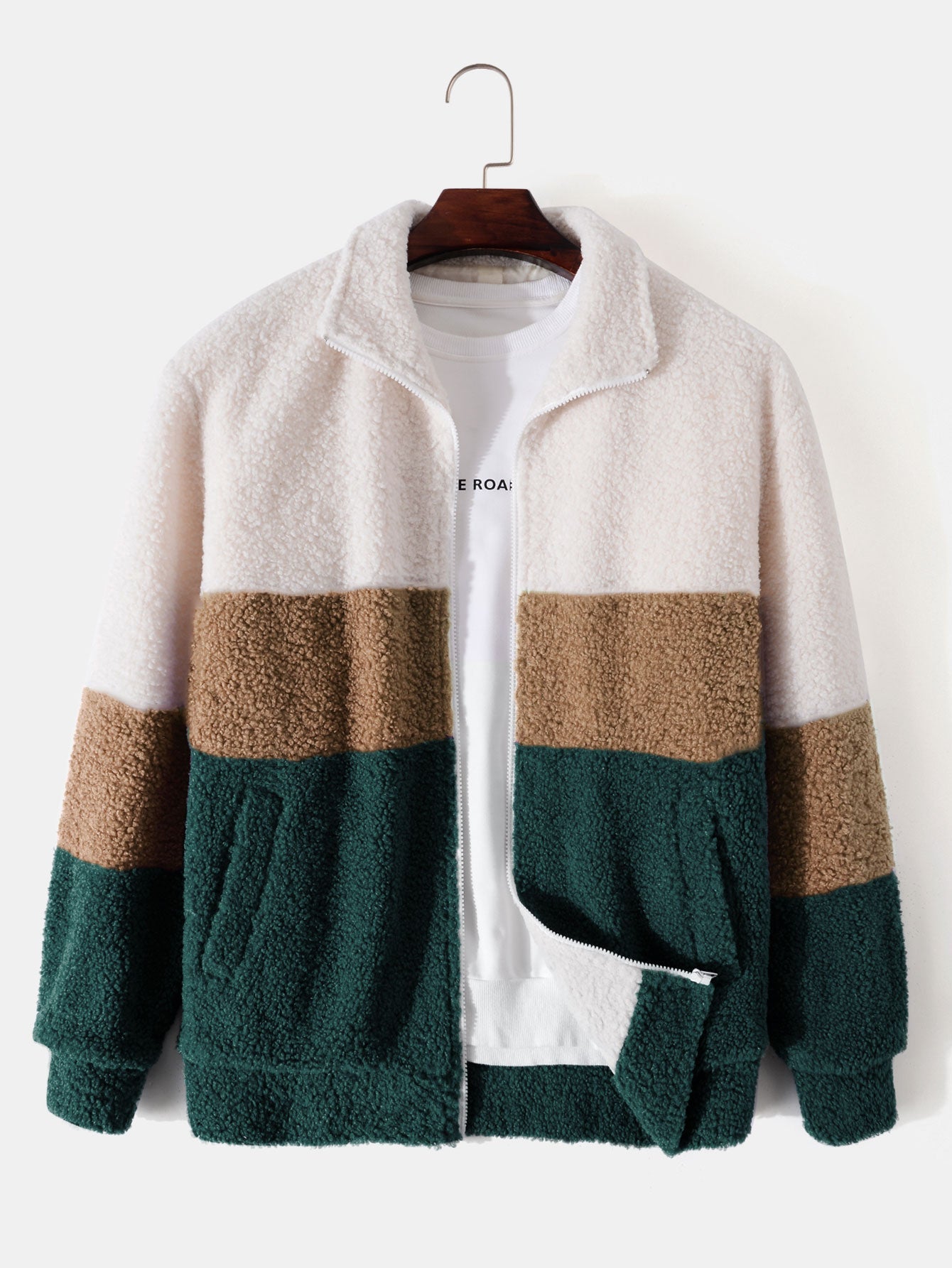 Color-Blocked Teddy Fleece Zip-Up Jacket