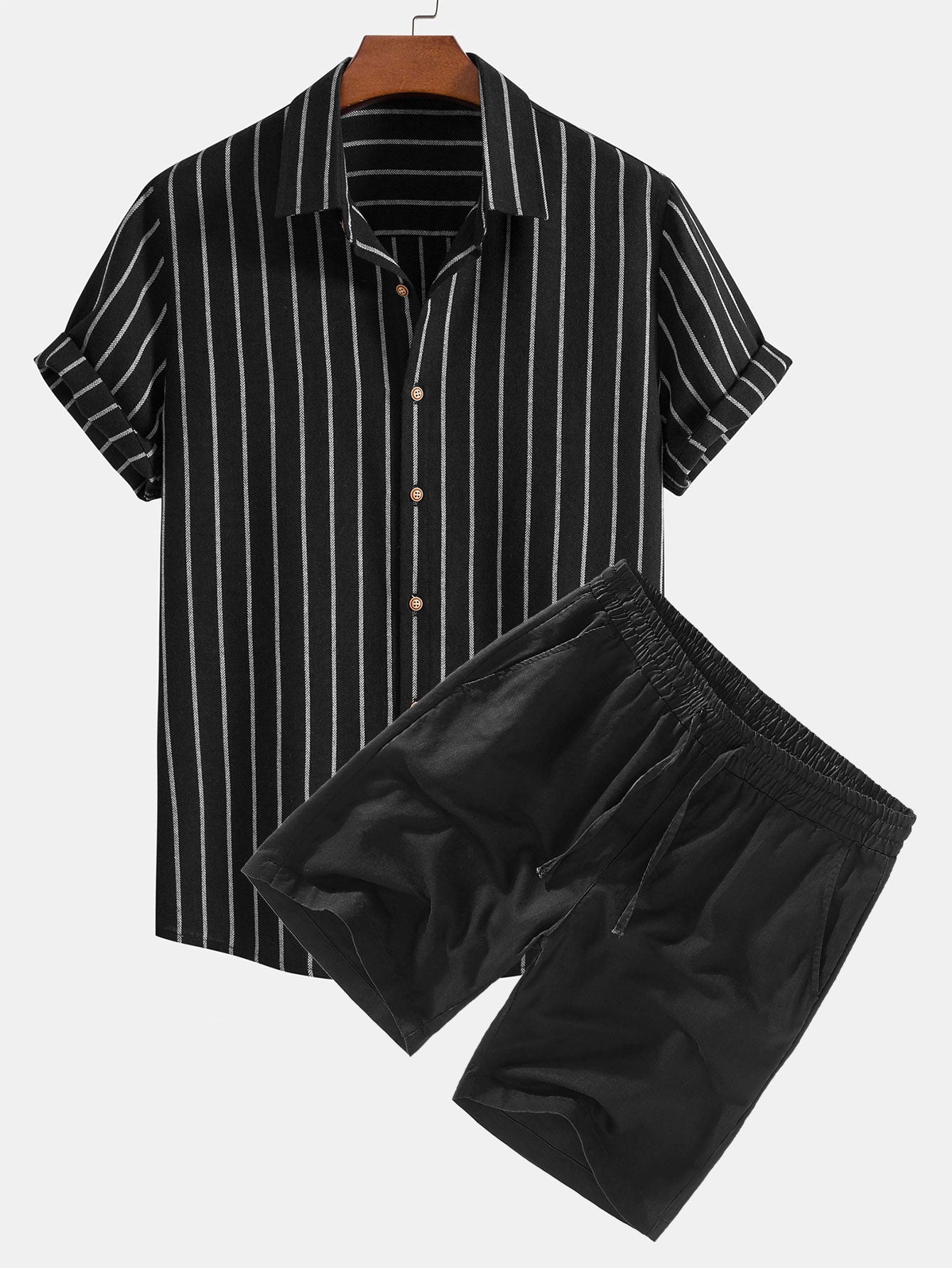 Striped Button-Up Shirt in Cotton Blend with Linen Drawstring Shorts