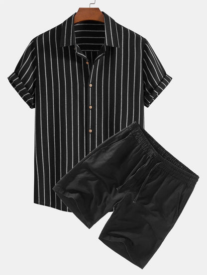 Striped Button-Up Shirt in Cotton Blend with Linen Drawstring Shorts