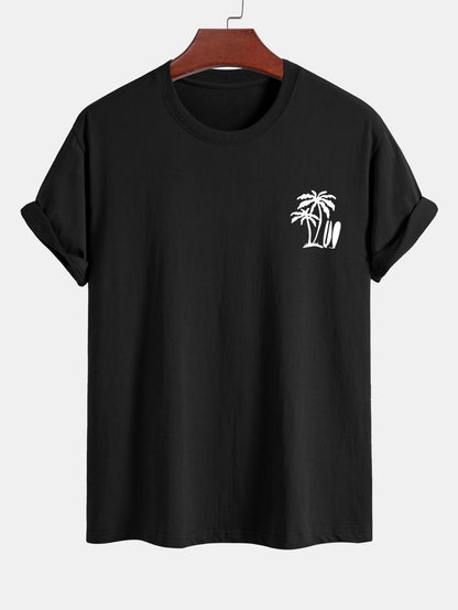 Classic Fit Cotton T-Shirt with Palm Tree Surfboard Design