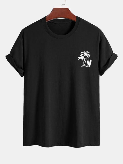Classic Fit Cotton T-Shirt with Palm Tree Surfboard Design