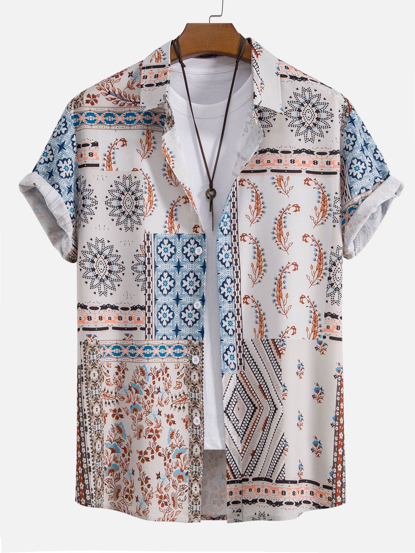Scarf-Patterned Button-Up Shirt with Matching Swim Shorts