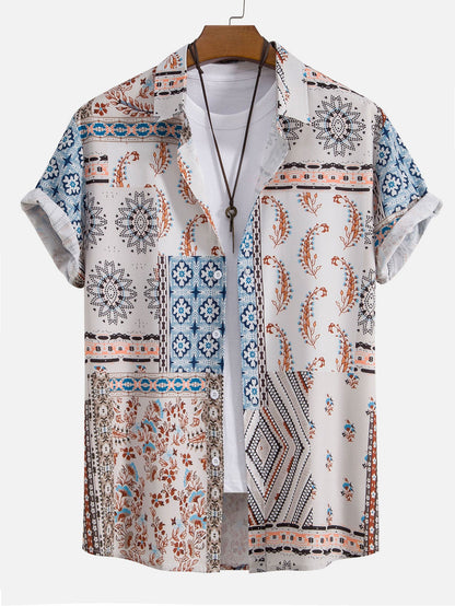 Scarf-Patterned Button-Up Shirt with Matching Swim Shorts