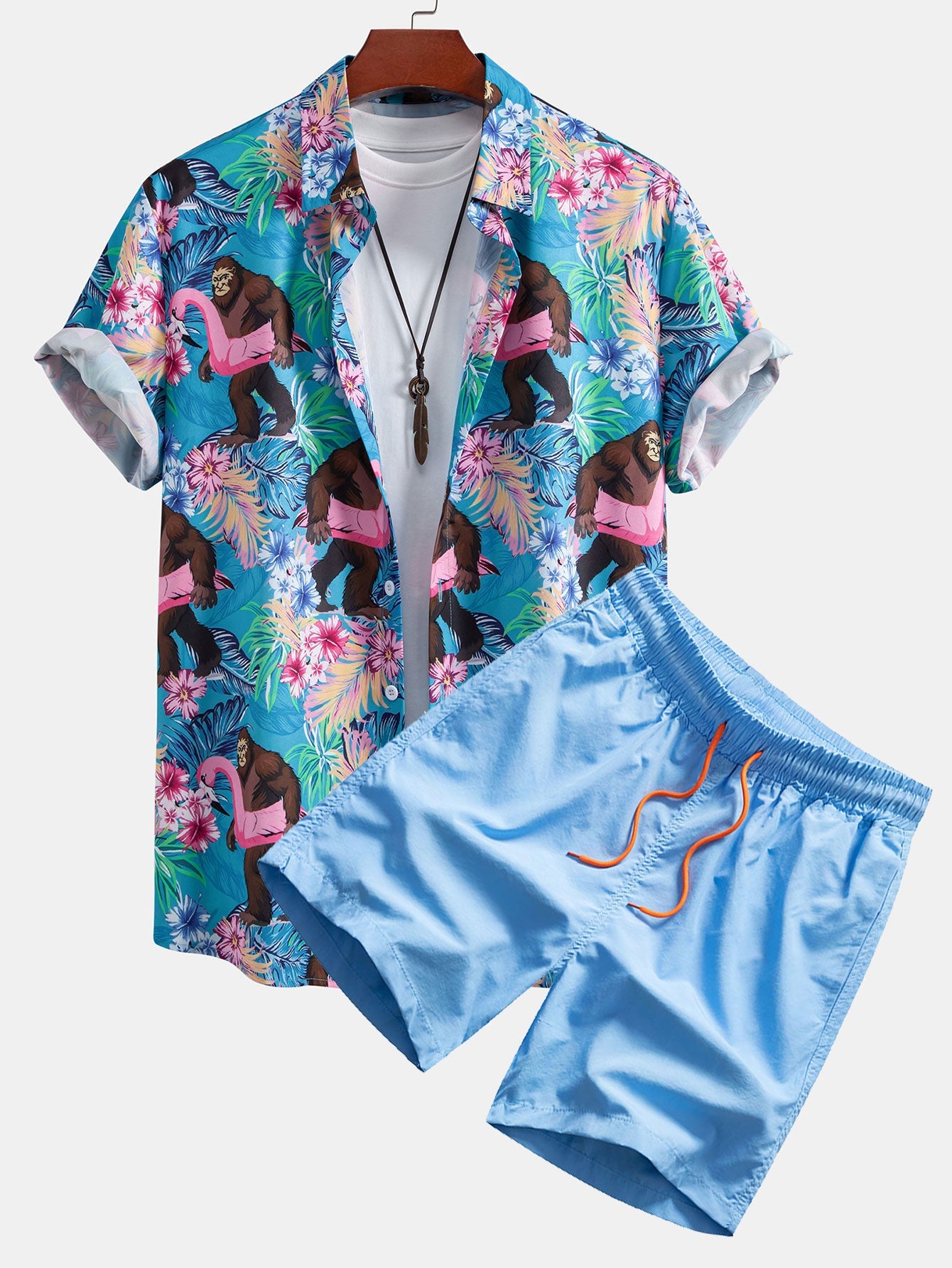Tropical Print Button-Up Shirt & Swim Shorts Featuring Orangutans