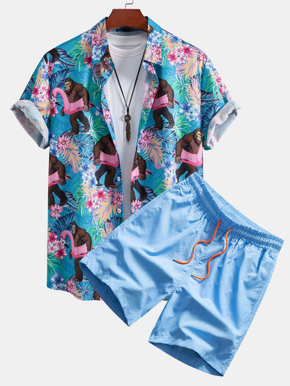Tropical Print Button-Up Shirt & Swim Shorts Featuring Orangutans
