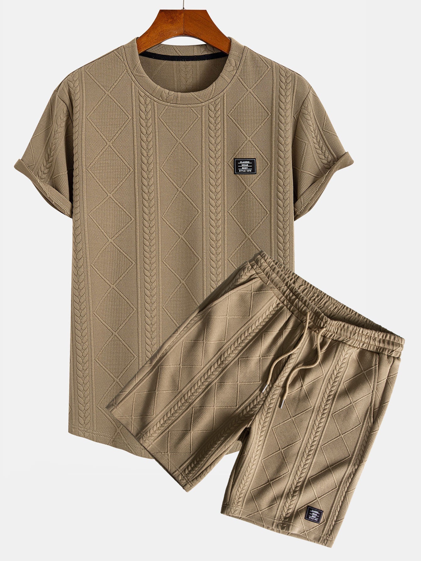 Geometric Jacquard Arc Hem T-Shirt and Shorts Set with Short Sleeves