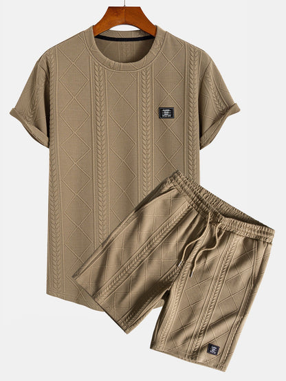 Geometric Jacquard Arc Hem T-Shirt and Shorts Set with Short Sleeves