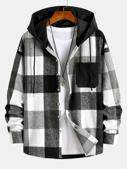 Cozy Plaid Corduroy Patchwork Hooded Shirt with Relaxed Fit