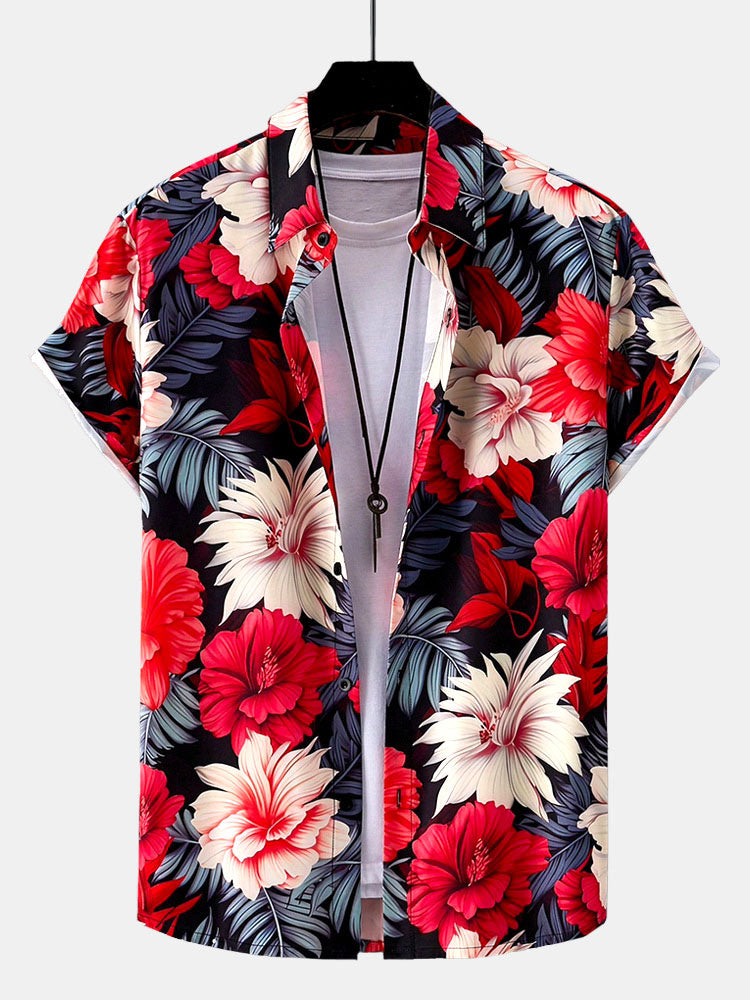 Tropical Floral Print Button-Up Shirt with Matching Swim Shorts