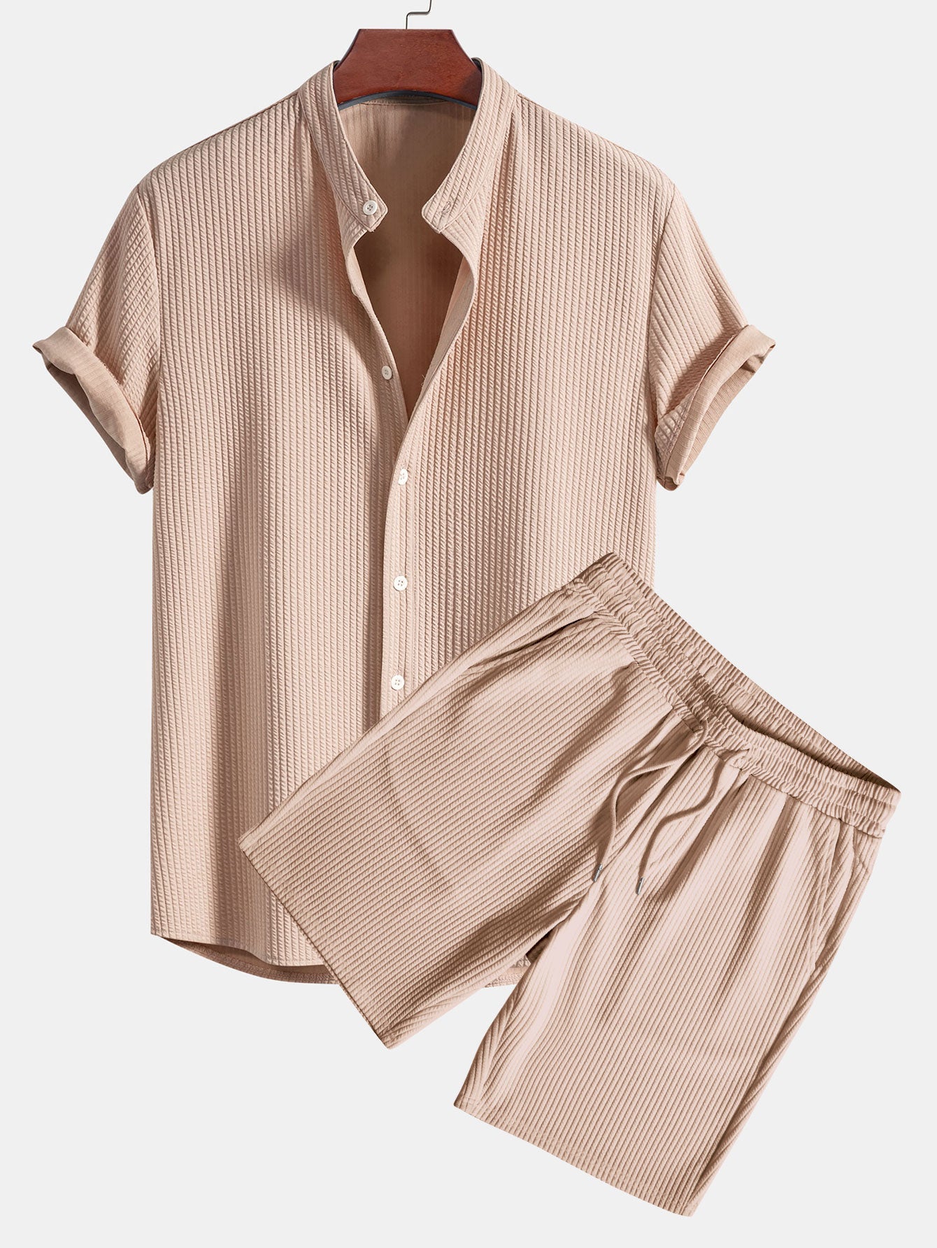 Ribbed Muscle Fit Stand Collar Shirt and Shorts Set