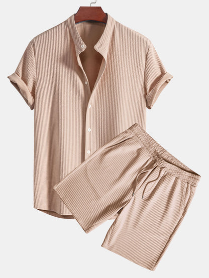 Ribbed Muscle Fit Stand Collar Shirt and Shorts Set