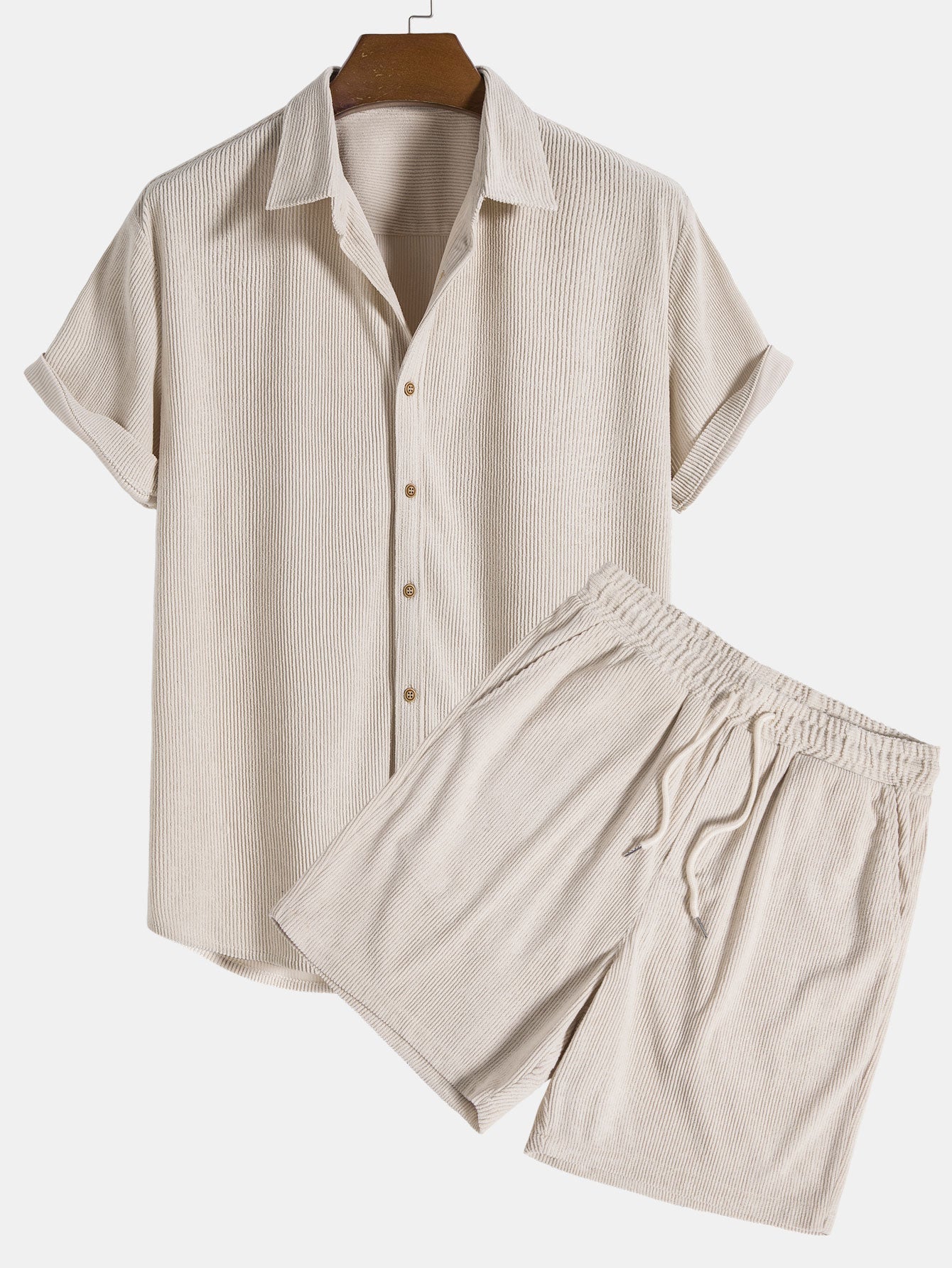 Short-Sleeve Corduroy Button-Up Shirt with Matching Shorts