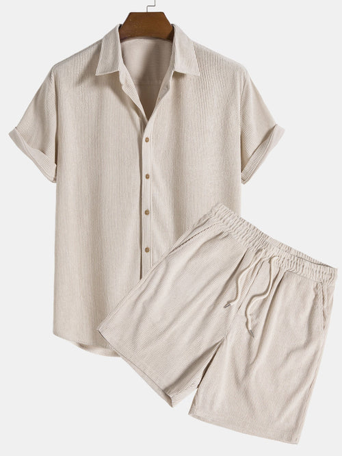 Short-Sleeve Corduroy Button-Up Shirt with Matching Shorts