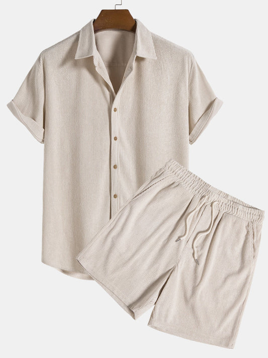 Short-Sleeve Corduroy Button-Up Shirt with Matching Shorts