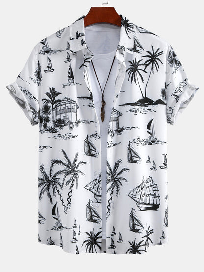Island-Inspired Sailing Print Button-Up Shirt & Swim Shorts Set
