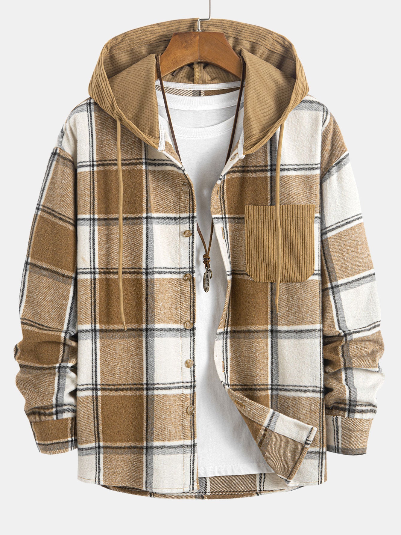 Comfortable Contrast Corduroy Plaid Hooded Shirt