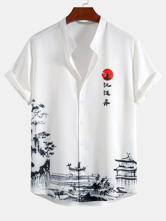 Stand Collar Shirt with Ink Landscape Artwork