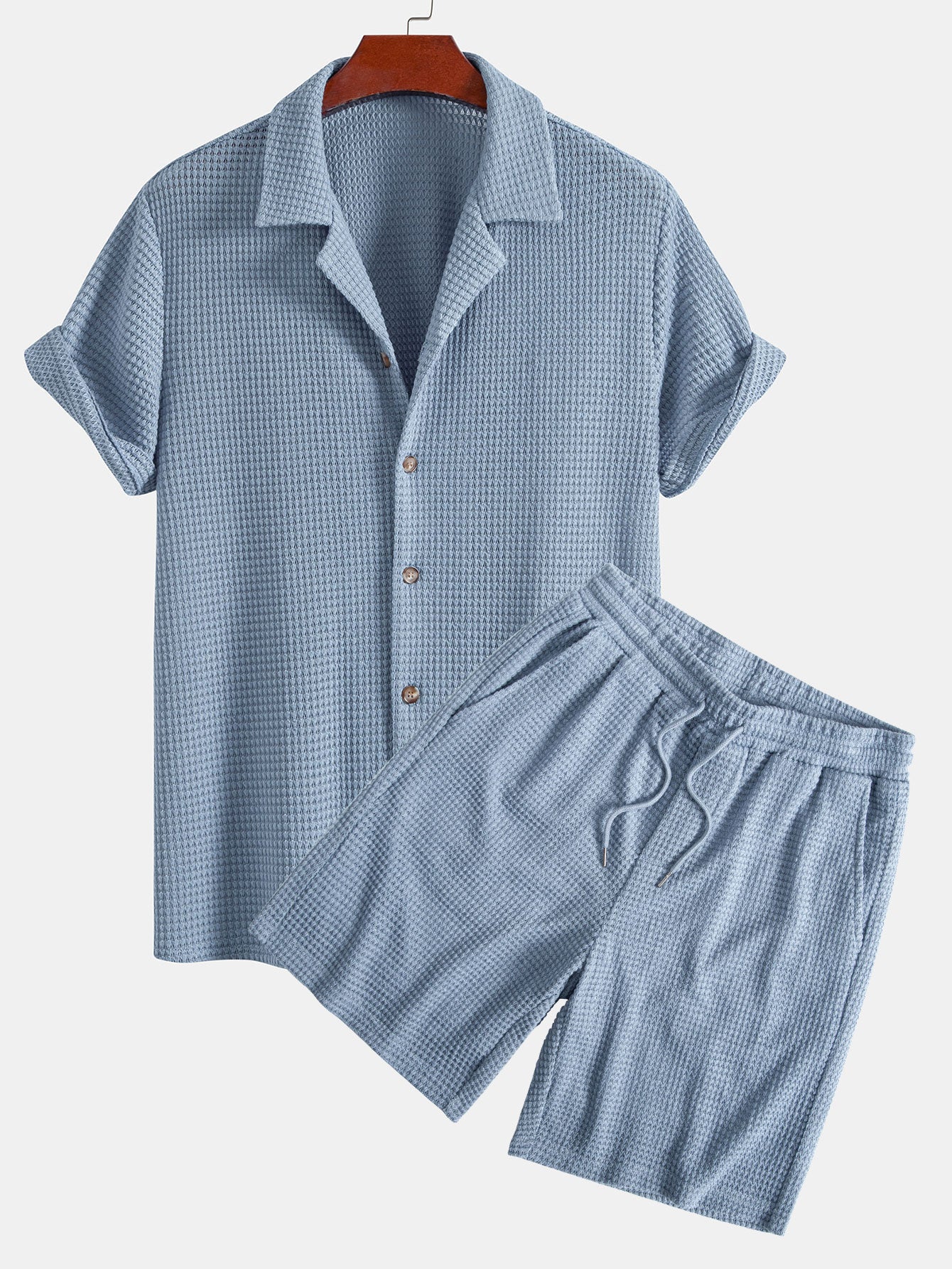 Waffle Texture Cuban Shirt and Shorts Set