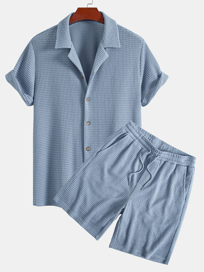 Waffle Texture Cuban Shirt and Shorts Set