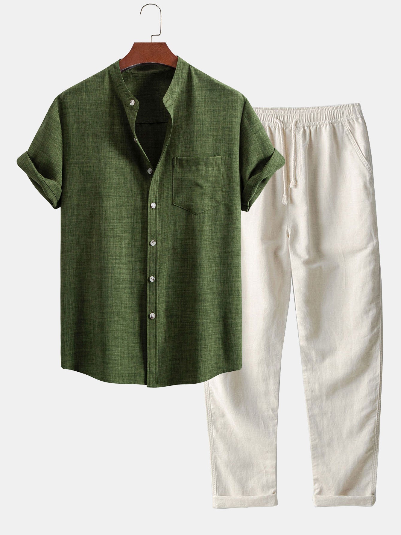Short Sleeve Stand Collar Top with Straight-Leg Linen Trousers