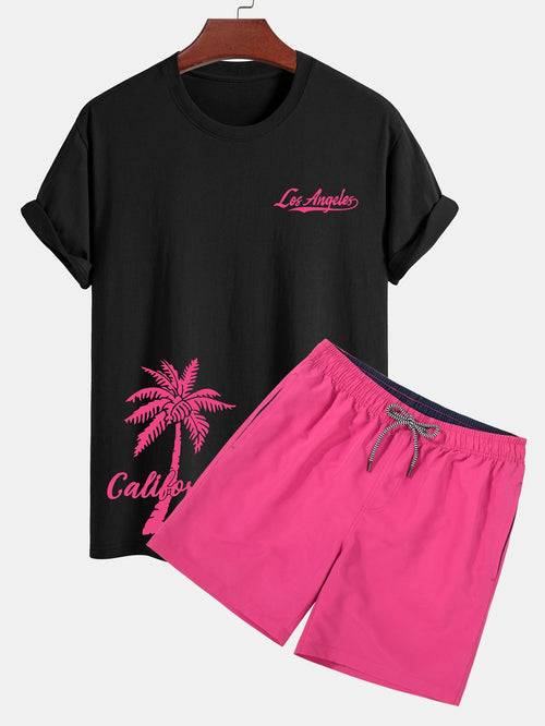 Classic Fit Cotton T-Shirt and Swim Shorts Set with Los Angeles Palm Tree Print