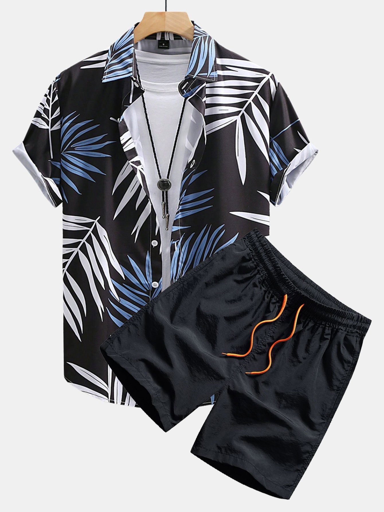 Tropical Leaf Print Button-Up Shirt and Swim Shorts Set