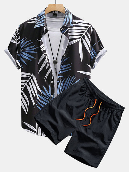 Tropical Leaf Print Button-Up Shirt and Swim Shorts Set