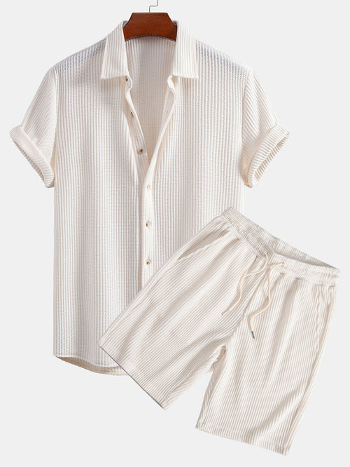Waffle Knit Button-Up Shirt & Drawstring Waffle Shorts Set