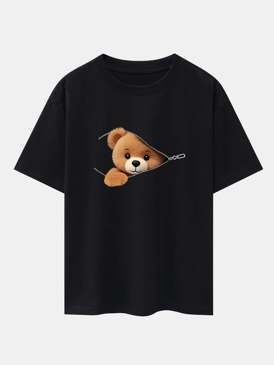 Oversized Drop Shoulder T-Shirt with Zipper Bear Print