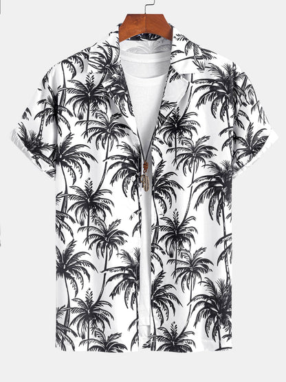 Relaxed Fit Palm Tree Print Button-Up Shirt & Matching Swim Shorts