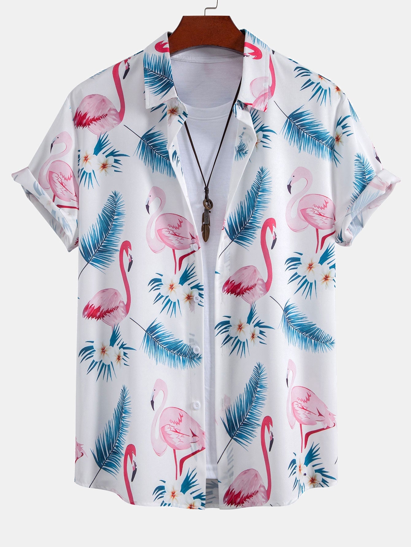 Flamingo Leaf Pattern Button-Up Shirt and Swim Shorts Set