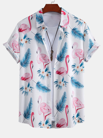 Flamingo Leaf Pattern Button-Up Shirt and Swim Shorts Set