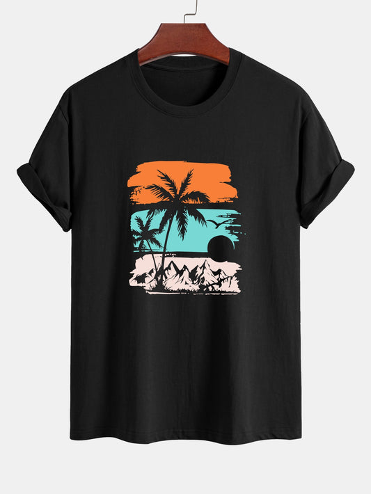 Classic Fit Cotton T-Shirt with Palm Tree Silhouette Design