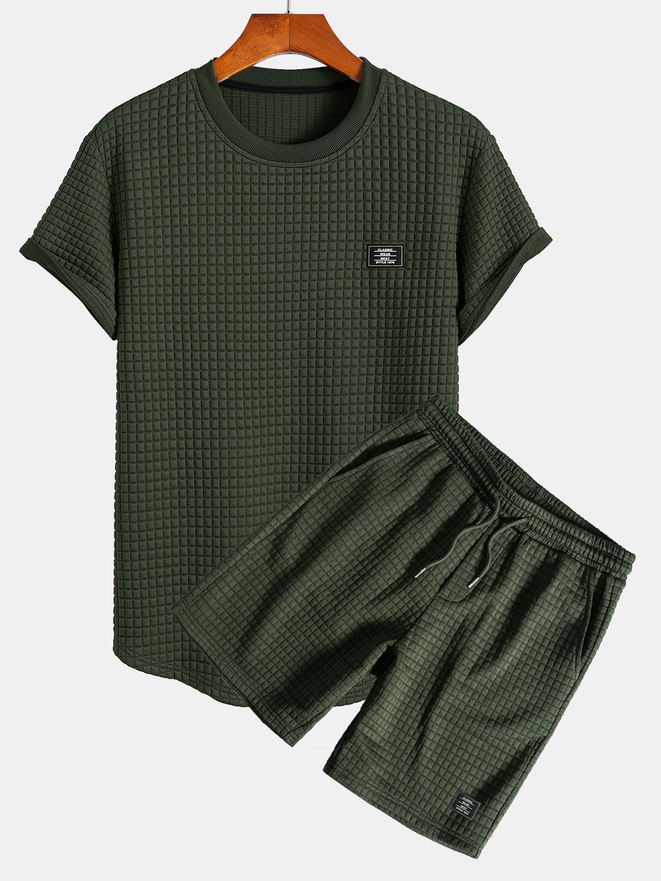 Waffle Knit Short Sleeve T-Shirt with Arc Hem & Matching Shorts