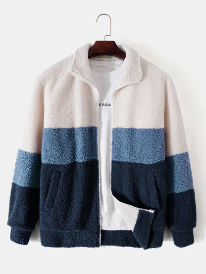 Color-Blocked Teddy Fleece Zip-Up Jacket