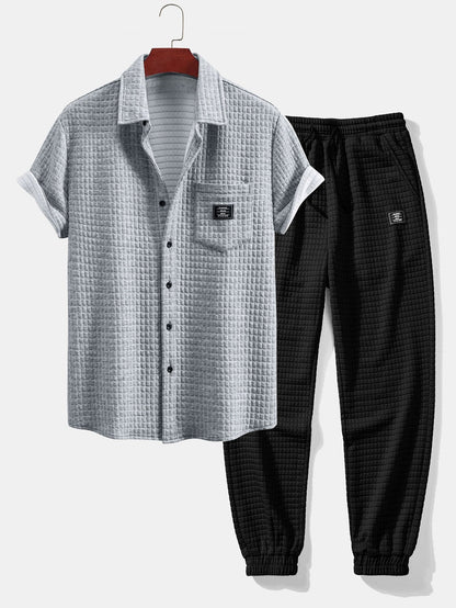 Waffle Knit Short Sleeve Shirt & Drawstring Jogger Pants Set