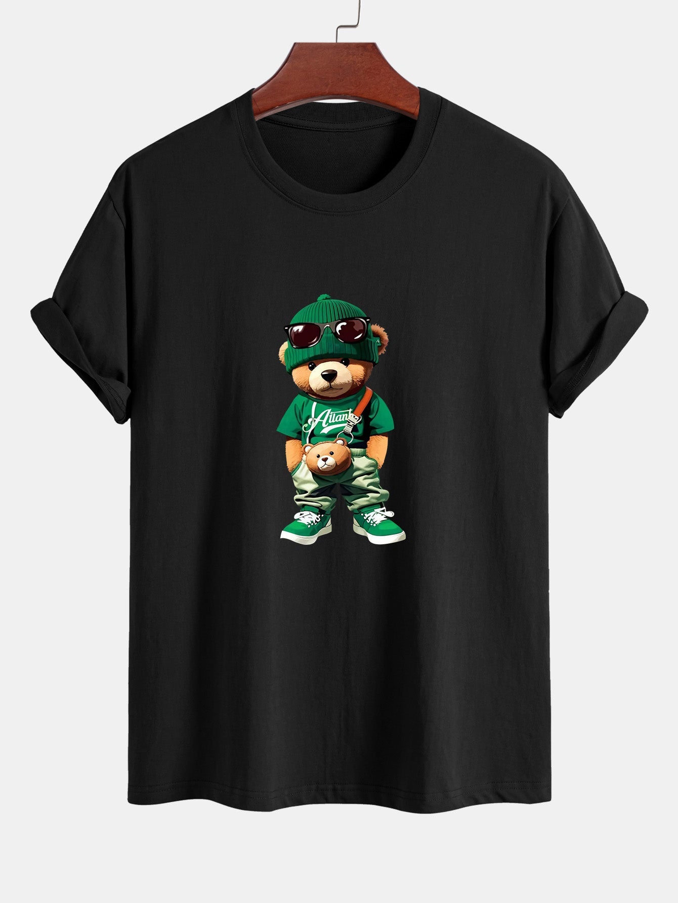 Trendy Bear Print Cotton T-Shirt with Regular Fit & Drawstring Corduroy Shorts