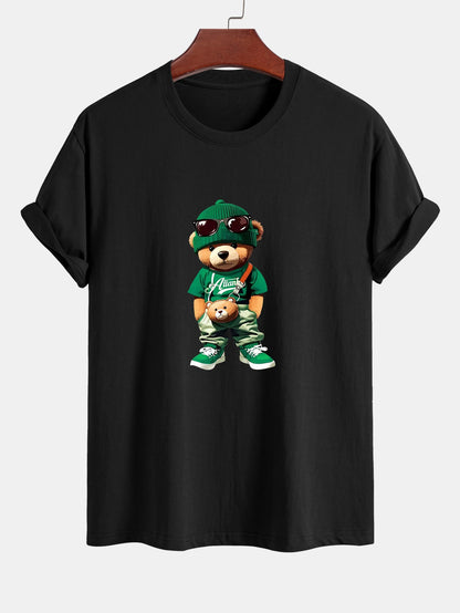 Trendy Bear Print Cotton T-Shirt with Regular Fit & Drawstring Corduroy Shorts