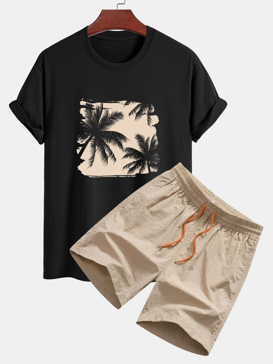 Classic Fit Cotton T-Shirt & Swim Shorts with Palm Tree Silhouette Print